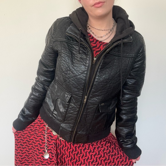 Obey Propaganda Black Faux Leather Hooded Jacket - Picture 7 of 12